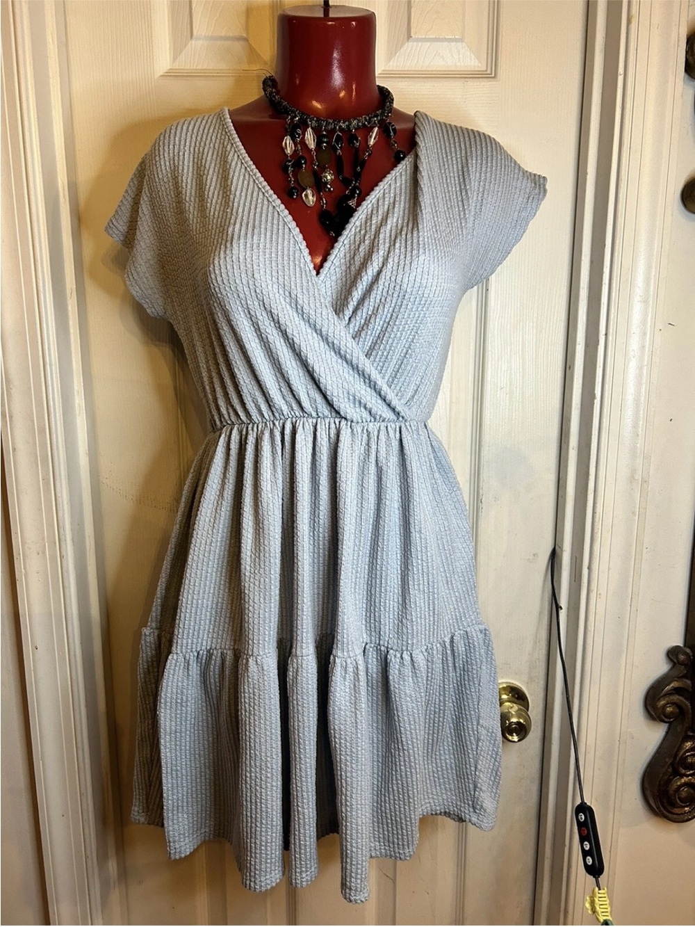 Caution To The Wind A Line Dress Blue Faux Wrap Short Sleeve Womens-size Small